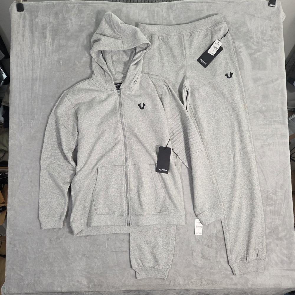 True Religion Track Sweat Suit Big Kids XL Gray Fleece Zip Hoodie TR933HD500